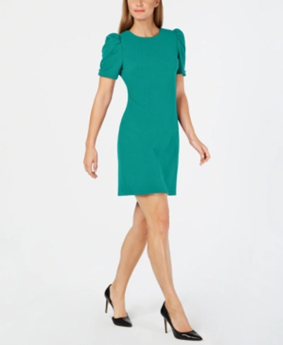 Iconic American Designer Puff-sleeve Sheath Dress In Emerald