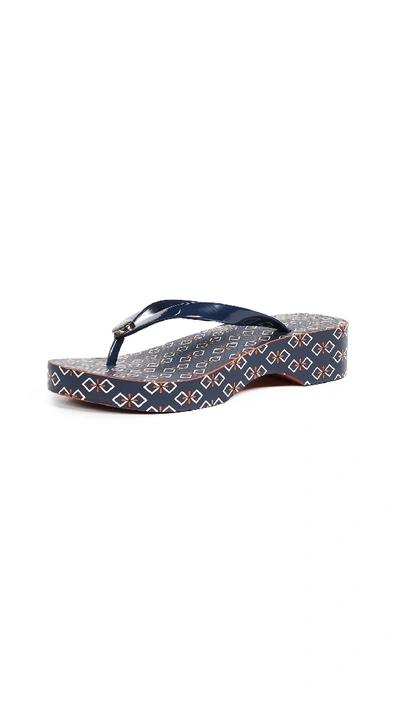 Tory Burch Cutout Wedge Flip Flops In Tory Navy/deco Bouquet