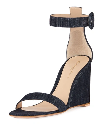 Gianvito Rossi Denim Wedge Ankle Sandals In Blue