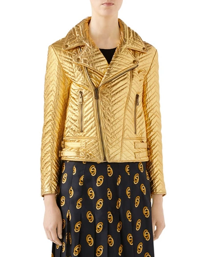 Gucci Quilted Metallic Soft-leather Biker Jacket In Gold