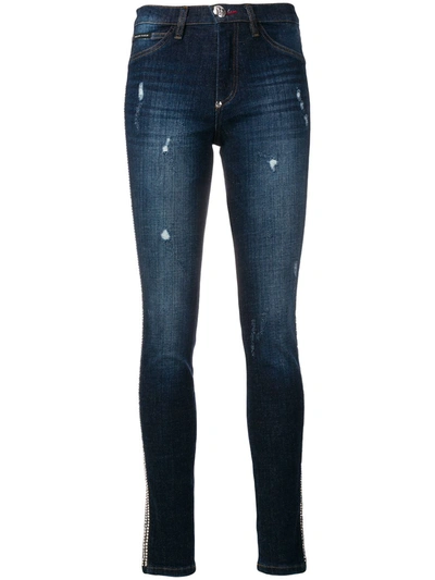 Philipp Plein Crystal Trim Skinny Jeans In Blue