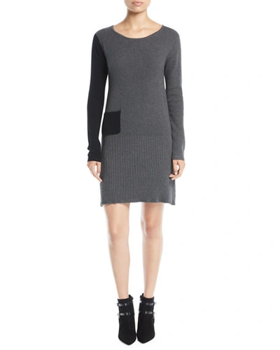 Lisa Todd Long-sleeve Colorblock Cotton-cashmere Dress W/ Patch Pocket In Charcoal