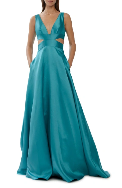 ml Monique Lhuillier Sleeveless V-neck Satin Ball Gown W/ Side Cutouts In Teal