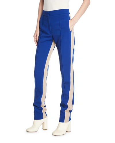 Derek Lam Slim Side-stripe Straight-leg Stretch-cady Pants In Blue