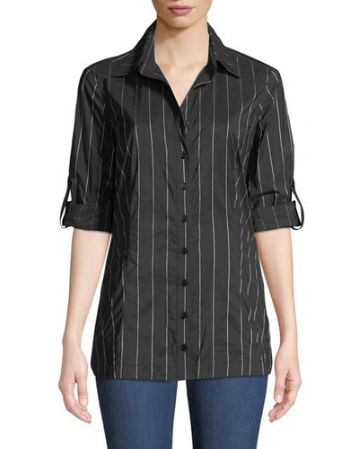 Finley Joey Long-sleeve Button-front Pinstripe Tech-fabric Shirt In Black