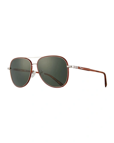 Ferragamo Men's Metal Double-gancio Aviator Sunglasses In Brown Pattern