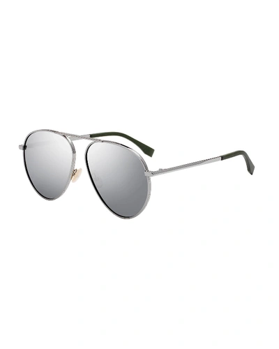 Fendi Men's Logo-rim Metal Aviator Sunglasses In Silver