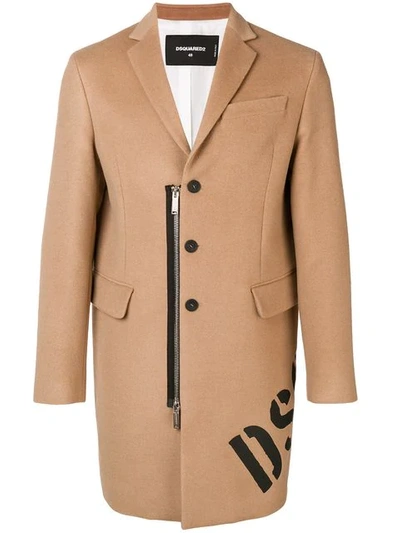 Dsquared2 Contrast Zip-trim Wool And Camel-blend Coat In 124 Nude
