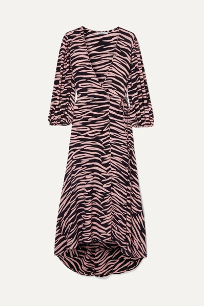 Ganni Lindale Tiger-print Wrap Dress In Black