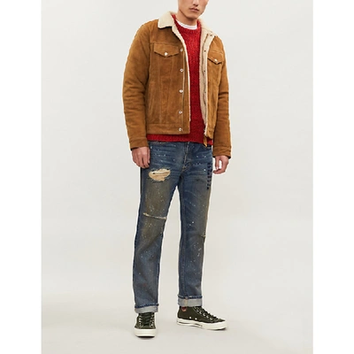 Schott Suede And Shearling Trucker Jacket In Rust ModeSens