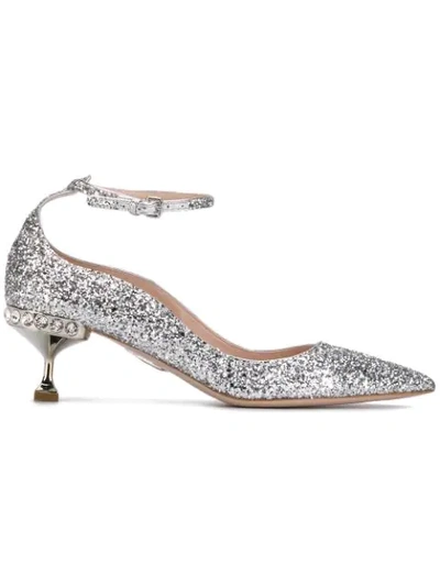 Miu Miu Crystal Glitter Ankle-strap Pumps In Silver