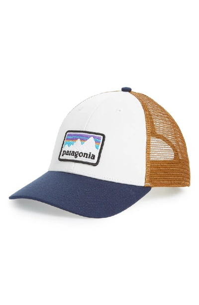 Patagonia Shop Sticker Trucker Hat - White In White With Classic Navy