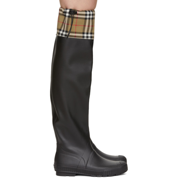 Burberry Vintage Check And Rubber Knee-high Rain Boots In Black | ModeSens