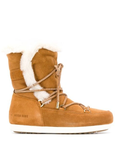 Moon Boot Far Side Honey Shearling Boots In Marrone