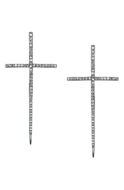 Sheryl Lowe Silver Spike Cross Pave Diamond Earrings In Sterling Silver