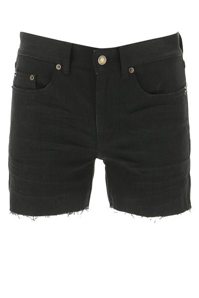 Saint Laurent Fringed Denim Shorts In Black