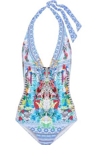 Camilla Woman Masking Madness Embellished Printed Halterneck Swimsuit Bright Blue