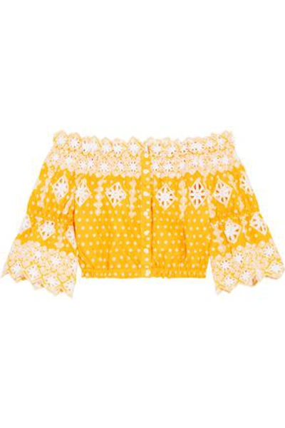 Miguelina Woman Off-the-shoulder Broderie Anglaise-trimmed Polka-dot Cotton Top Yellow
