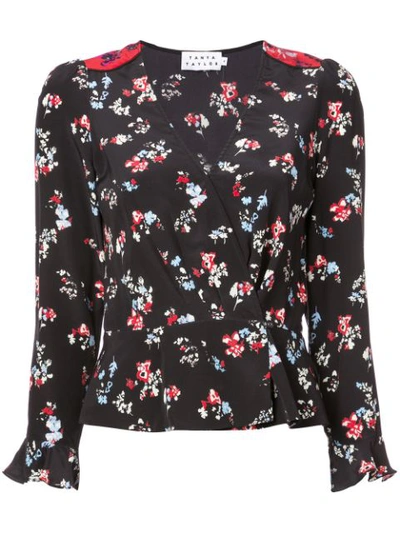 Tanya Taylor Clio Floral Long-sleeve Silk V-neck Top In Black ,red