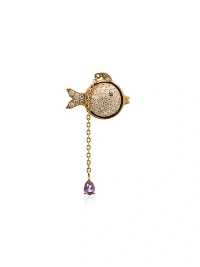 Yvonne Léon 18k Yellow Gold And Pink Hanging Diamond Fish Earring In Gold/pink