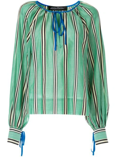 Anna October Stripe Printed Round Neck Cotton Blouse In Green