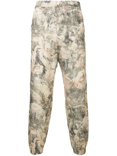 Etro Mid-rise Palm-print Linen Trousers In Neutrals