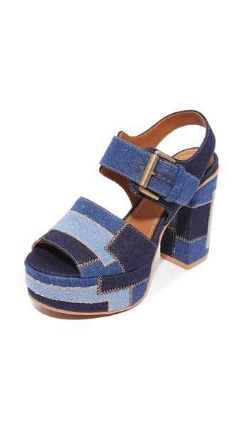 See By Chloé See By Chloe Denim Patchwork Block Heel Platform Sandals ...