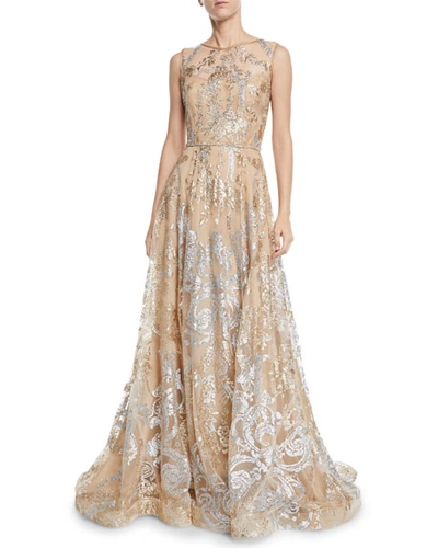 Roland Nivelais Sleeveless Sequined Illusion Gown In Nude