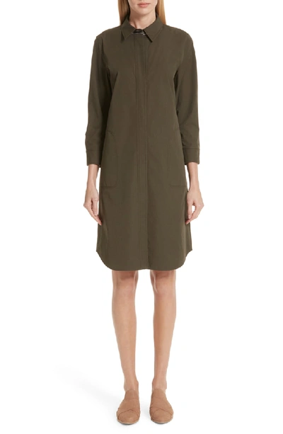 Lafayette 148 Peggy 3/4-sleeve Italian Pima Cotton Bi-stretch Shirt Dress, Olive