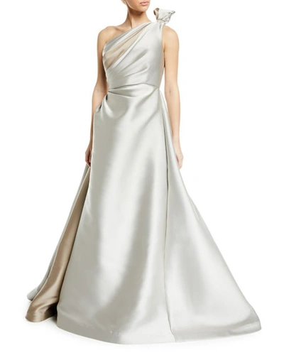 Roland Nivelais Tied One-shoulder Satin Ball Gown In Light Gray