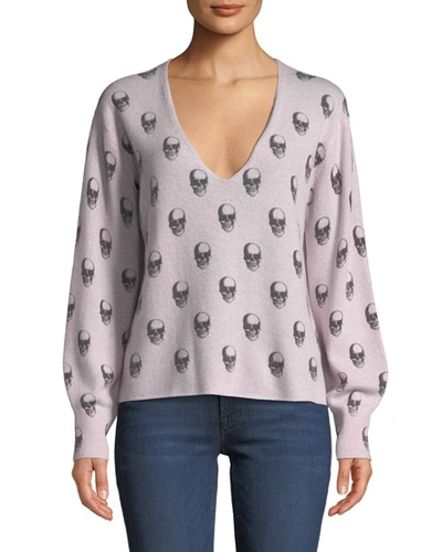 360 Sweater Penny Skull-print V-neck Cashmere Sweater In Purple/gray