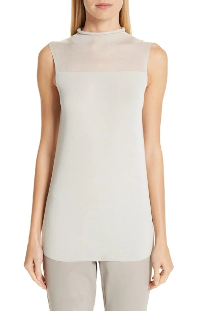 Lafayette 148 Turtleneck Sleeveless Finespun Voile Tank W/ Sheer Yoke In Stucco