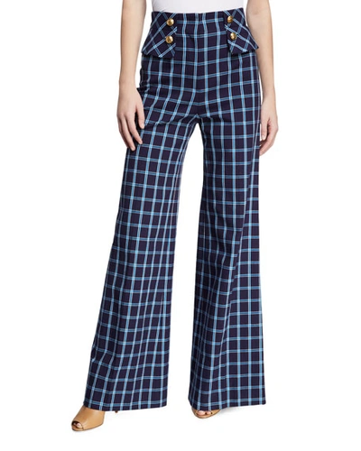 Escada High-waisted Wide-leg Windowpane Pants In Dark Blue