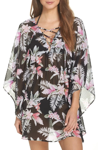 Tommy Bahama Ginger Flowers Open-back Lace-up Tunic In Black