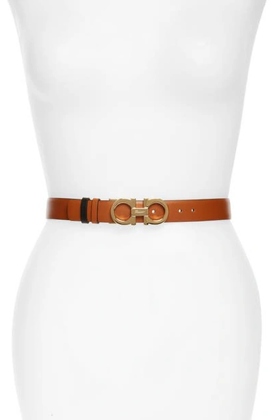 Ferragamo Reversible Leather Gancini Belt In Sella Brown/silver