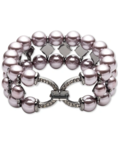 Carolee Hematite-tone Crystal & Imitation Pearl Triple-row Stretch Bracelet In Purple