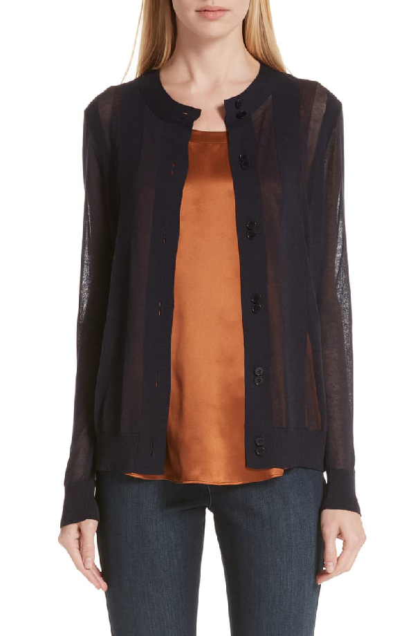 Lafayette 148 Crewneck Long-sleeve Sheer Striped Voile Cardigan In ...