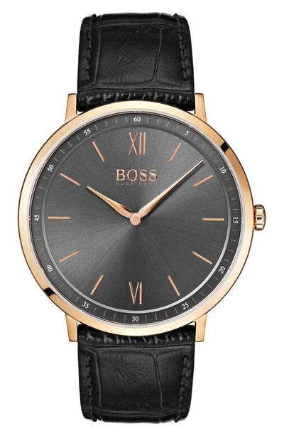 Hugo Boss Men's Essential Ultra Slim Black Leather Strap Watch 40mm In Grey