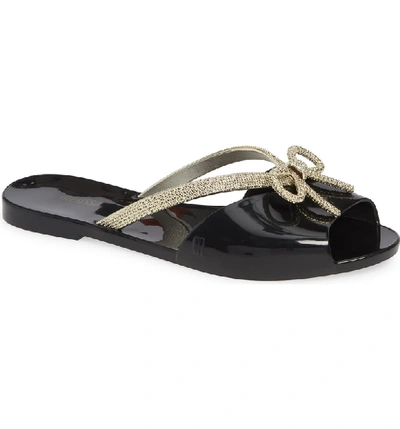 Melissa Ela Chrome Slide Sandal In Black Gold Rubber