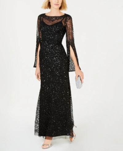 Adrianna Papell Sequin Beaded Split Cuff Gown In Black