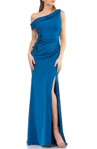 Carmen Marc Valvo Infusion One-shoulder Crepe Gown In Persian Blue