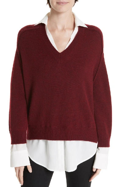 Brochu Walker Wool & Cashmere Layered Pullover In Barolo Red With White