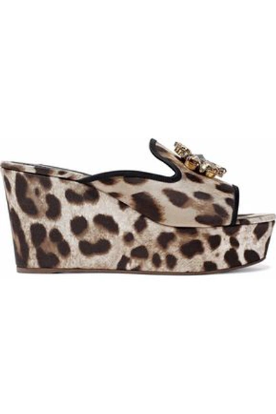 Dolce & Gabbana Crystal-embellished Leopard-print Twill Wedge Mules In Animal Print
