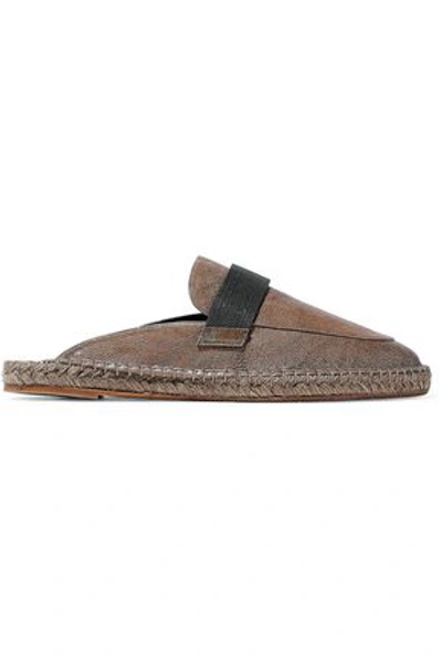 Brunello Cucinelli Woman Bead-embellished Leather Slippers Brown