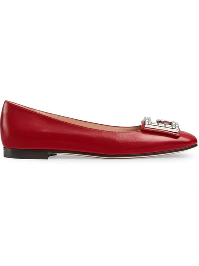 Gucci Leather Ballet Flat With Crystal G Detail In 6438 Red