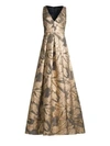 Aidan Mattox Floral Jacquard V-neck Gown In Gold