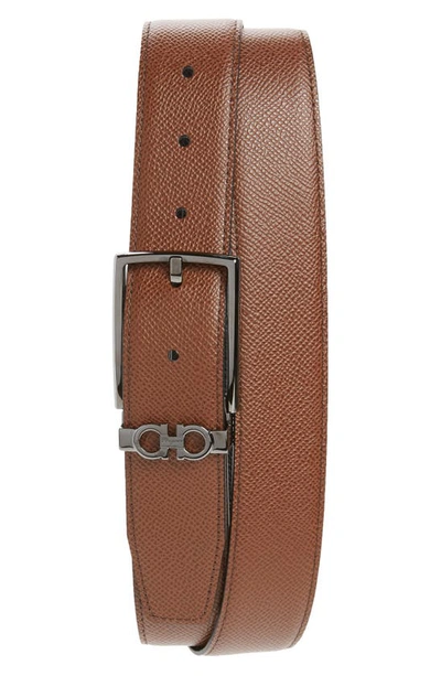 Ferragamo Men's Textured Leather Belt With Gancini Detail In Brown