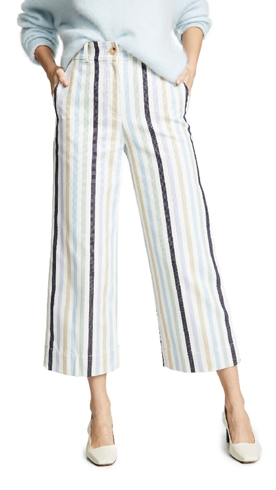 Tory Burch Wide-leg Cropped Cotton Pants W/ Stripes In Military Canvas Stripe