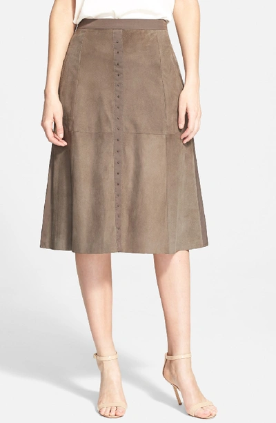 Halston Heritage Studded Suede Front Midi Skirt In Moss