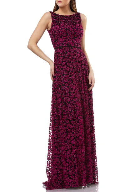 Carmen Marc Valvo Infusion Embellished Lace Gown In Black/ Fuchsia